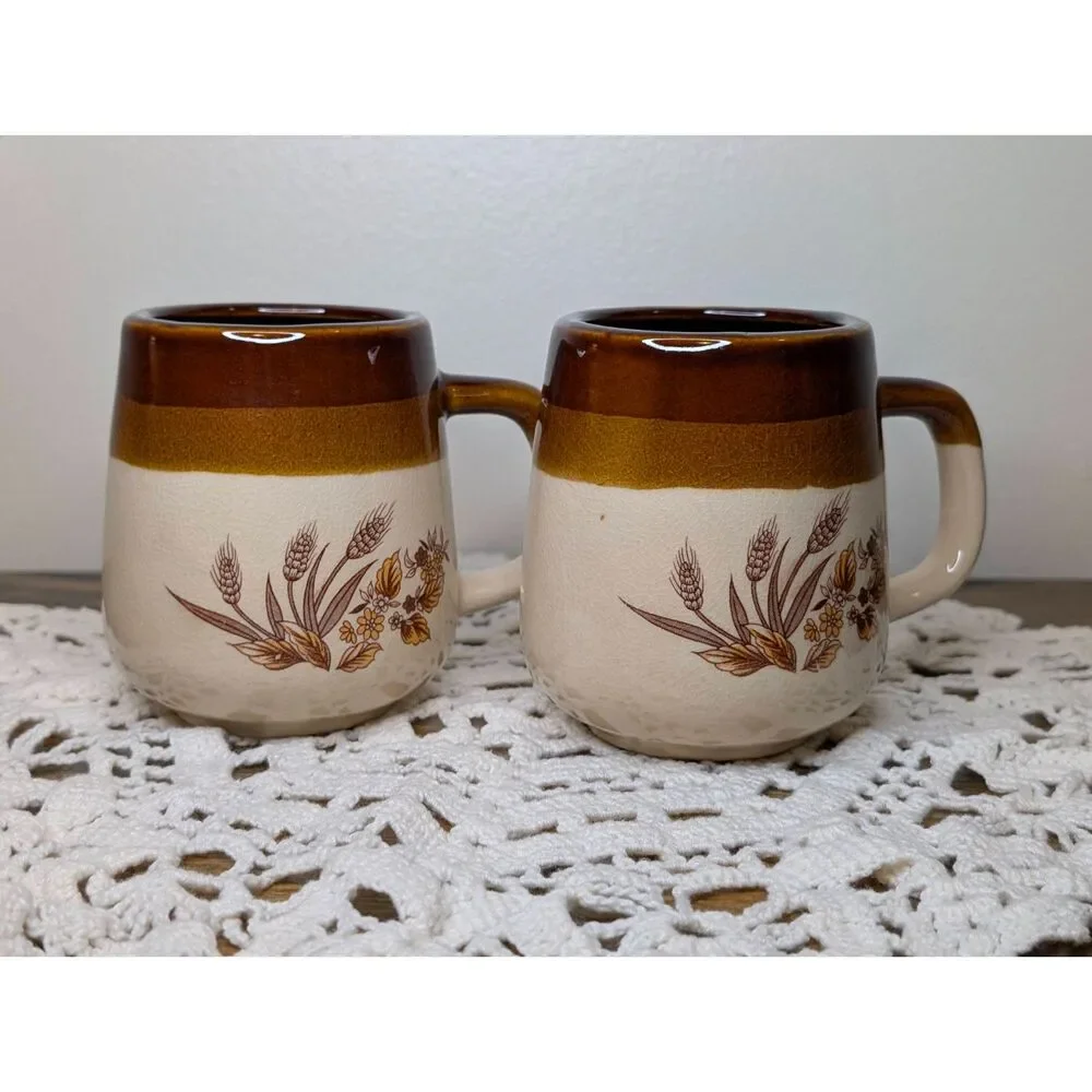Vintage Autumn Wheat & Floral Stoneware Coffee Mugs Set of 2